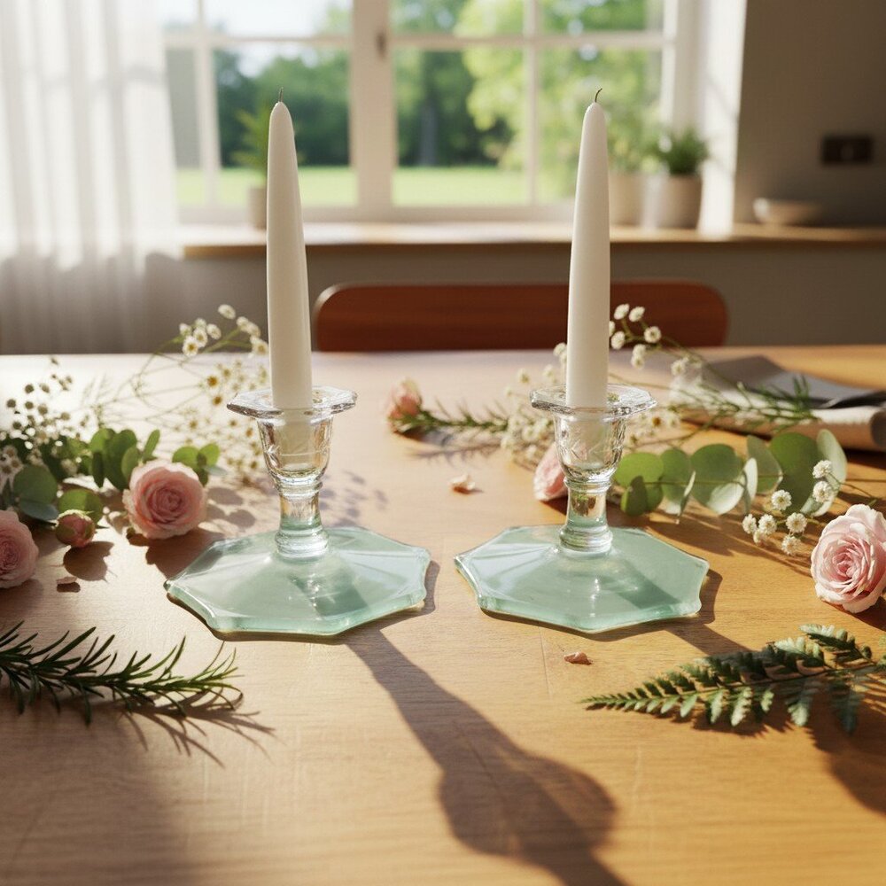 Set of 2 Vintage 1960's  pastel sage octagon base candle holders. SHIPS FREE